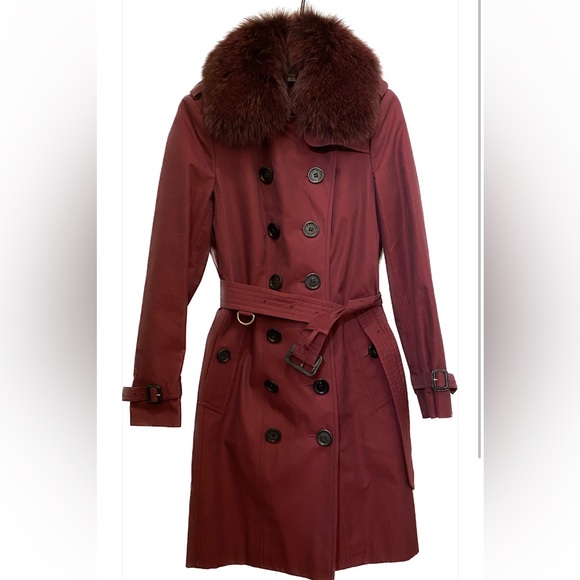 Burberry crimson fox fur collar trench coat